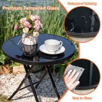 Garsing Outdoor Patio Round Side Table Folding Bistro Table With Tempered Glass Tabletop Compact Small Foldable Coffee Desk Fo