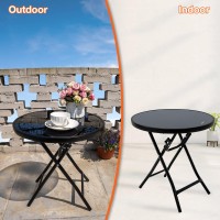 Garsing Outdoor Patio Round Side Table Folding Bistro Table With Tempered Glass Tabletop Compact Small Foldable Coffee Desk Fo