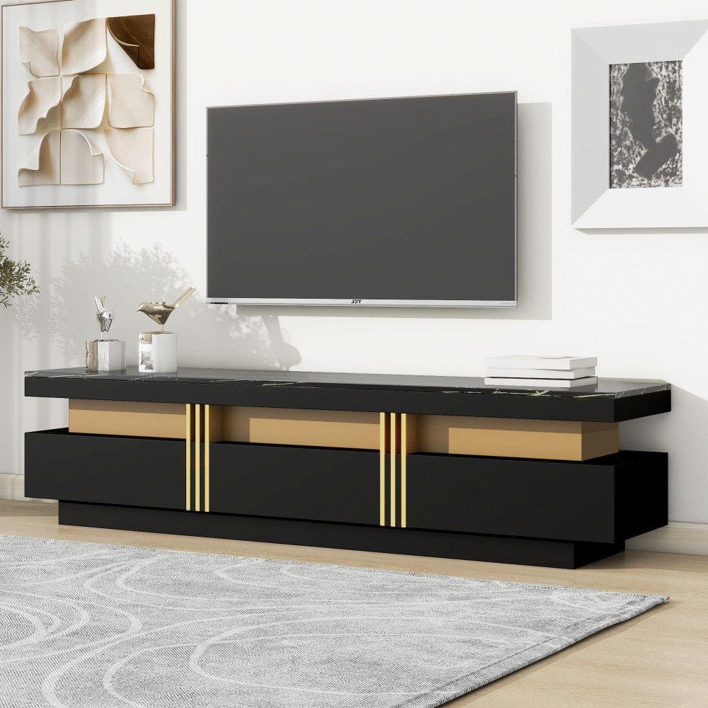 Merax Luxury Tv Stand With High Gloss Faux Marble Top Golden Panel Design And 3 Drawers For Televisions Up To 78 Rectangle