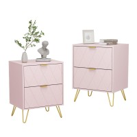 Anbuy Pink Nightstand Set Of 2 End Side Table Double Bedside Table With 2 Drawers Dual Night Stand Set 2 Gold Legs For Bedroo