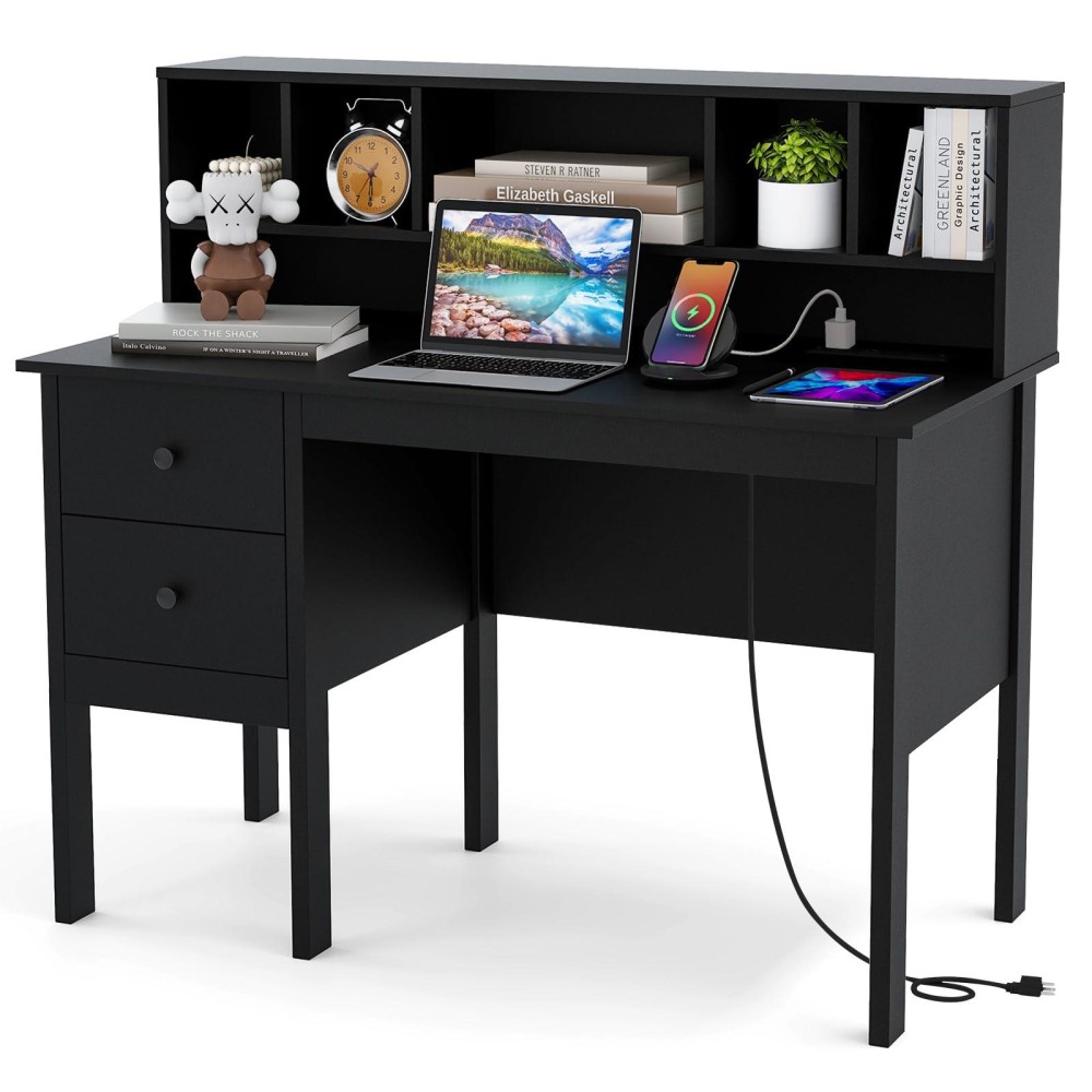 Tangkula Black Desk With Drawers Hutch Modern Home Office Desk With Power Outlets Usb Ports Typec Writing Study Desk Wit