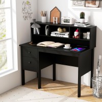 Tangkula Black Desk With Drawers Hutch Modern Home Office Desk With Power Outlets Usb Ports Typec Writing Study Desk Wit