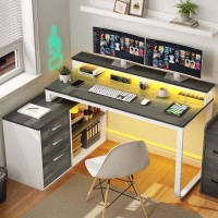 Yitahome L Shaped Desk With 3 Drawers 55 Corner Computer Desk With Power Outlets Led Lights Lshaped Desk With File Cabine