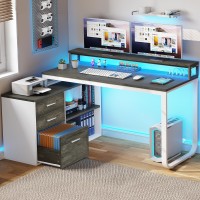 Yitahome L Shaped Desk With 3 Drawers 55 Corner Computer Desk With Power Outlets Led Lights Lshaped Desk With File Cabine