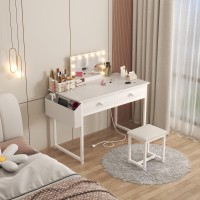 Kairoad White Makeup Vanity Desk With Chair No Mirror Small Vanity Table With Fabric Drawers Power Outlet Stool Without Mir