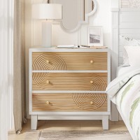 Cozayh 3Drawer White Farmhouse Dresser With Handicraft Wood Ring Motif Fully Assembled Nightstand Wooden Finish For Boho Mid