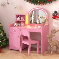 Infans Kids Vanity Princess Makeup Desk And Chair Set With Lights Mirror Drawer Storage Shelves Wooden Dressing Table Pretend