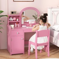 Infans Kids Vanity Princess Makeup Desk And Chair Set With Lights Mirror Drawer Storage Shelves Wooden Dressing Table Pretend