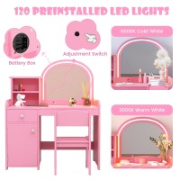 Infans Kids Vanity Princess Makeup Desk And Chair Set With Lights Mirror Drawer Storage Shelves Wooden Dressing Table Pretend