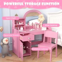 Infans Kids Vanity Princess Makeup Desk And Chair Set With Lights Mirror Drawer Storage Shelves Wooden Dressing Table Pretend