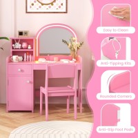 Infans Kids Vanity Princess Makeup Desk And Chair Set With Lights Mirror Drawer Storage Shelves Wooden Dressing Table Pretend