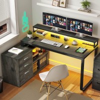 Yitahome L Shaped Desk With Drawers 55 Corner Computer Desk With Power Outlets Lshaped Desk With Led Lights File Cabinet