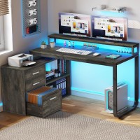 Yitahome L Shaped Desk With Drawers 55 Corner Computer Desk With Power Outlets Lshaped Desk With Led Lights File Cabinet