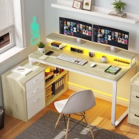 Yitahome L Shaped Desk With Drawers 55 Corner Computer Desk With Power Outlets Lshaped Desk With Led Lights File Cabinet