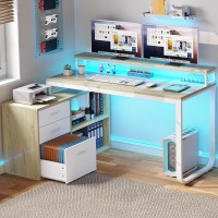 Yitahome L Shaped Desk With Drawers 55 Corner Computer Desk With Power Outlets Lshaped Desk With Led Lights File Cabinet