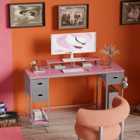 Pamray 55 Inch Computer Desk With Non-Woven Storage Drawers And Monitor Stand Home Office Desk For Bedroom Study Table Writing And Work Desk Pink