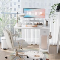 Pamray 39 Inch Computer Desk With Monitor Stand Small Home Office Desks With Non-Woven Storage Drawer For Bedroom Study Table Writing And Work Desk White White Leg