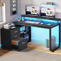 Yitahome L Shaped Desk With 3 Drawers 55 Corner Computer Desk With Power Outlets Led Lights Lshaped Desk With File Cabine