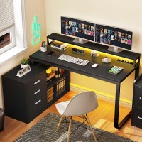 Yitahome L Shaped Desk With 3 Drawers 55 Corner Computer Desk With Power Outlets Led Lights Lshaped Desk With File Cabine