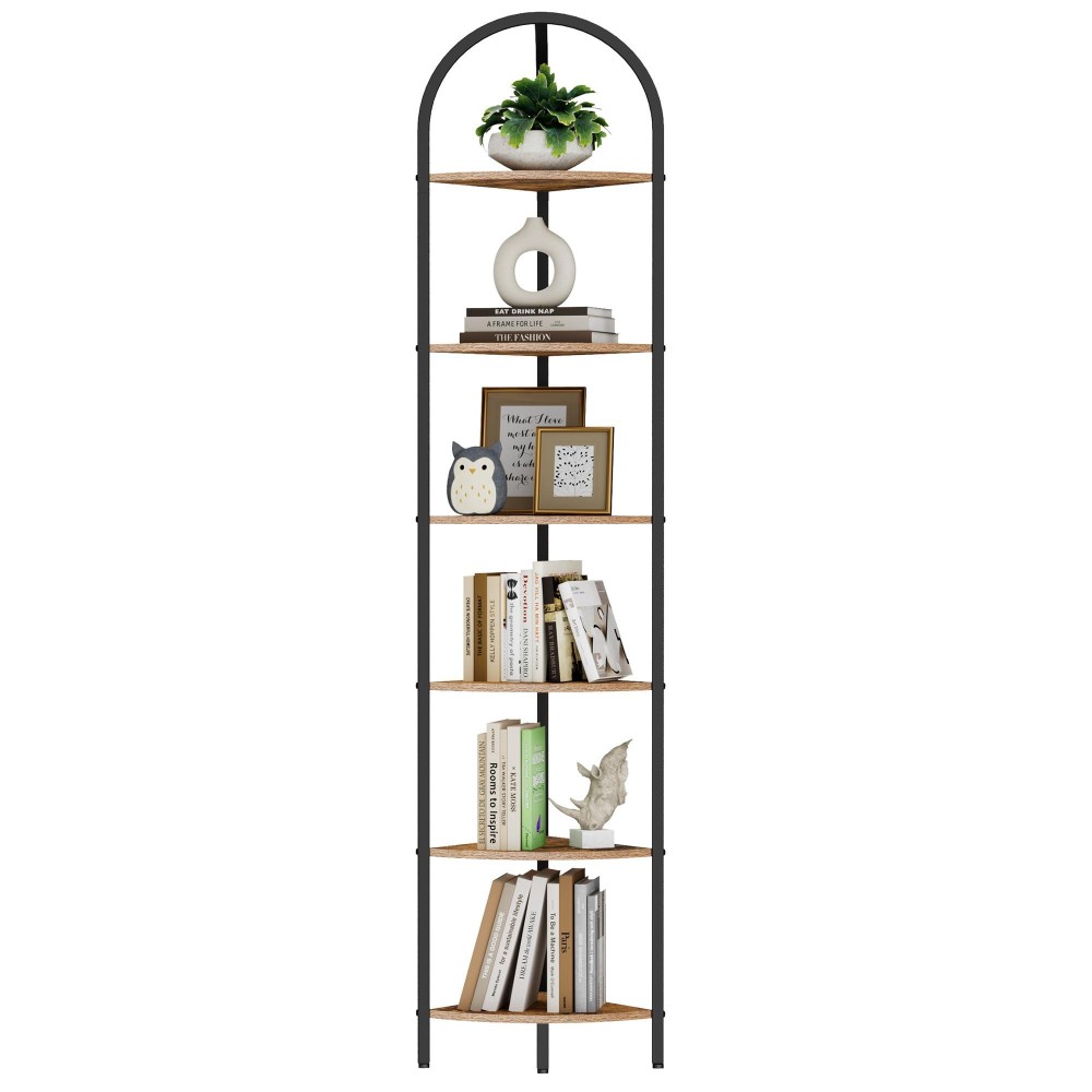 Homhedy 6Tier Corner Shelf Stand Wall Corner Bookshelf With Metal Frame Bathroom Storage Rack Shelf Plant Stand Industrial