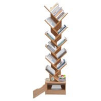 HAPPCUCOE Tree Bookshelf,12 Compartments Bookcase with Drawer,Corner Bookshelf Narrow Bookshelves,Floor Standing Book Shelf for Living Rooms, Bedrooms,Study Rooms (Log Color)
