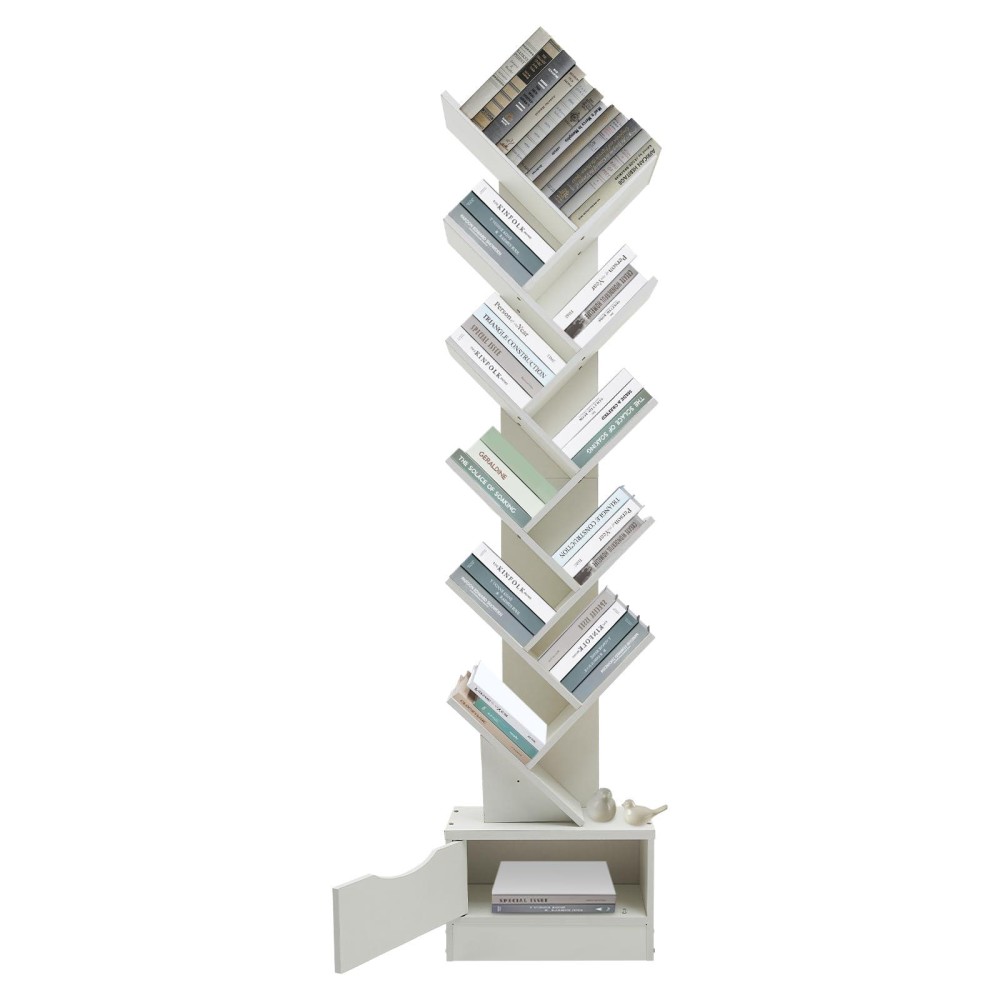 Oiveinya Wood Tree Bookshelf, 12 Tier Tree Shaped Bookcase Storage Shelf Wooden Tree Bookcase with Drawers, Floor Standing Tall Wood Book Storage Rack for Living Room Bedroom Office (White)