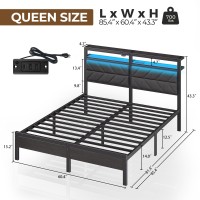 Seventable Bed Frame Queen Size With Charging Station Led Bed With Upholstered Storage Headboard Metal Platform Bed With Under