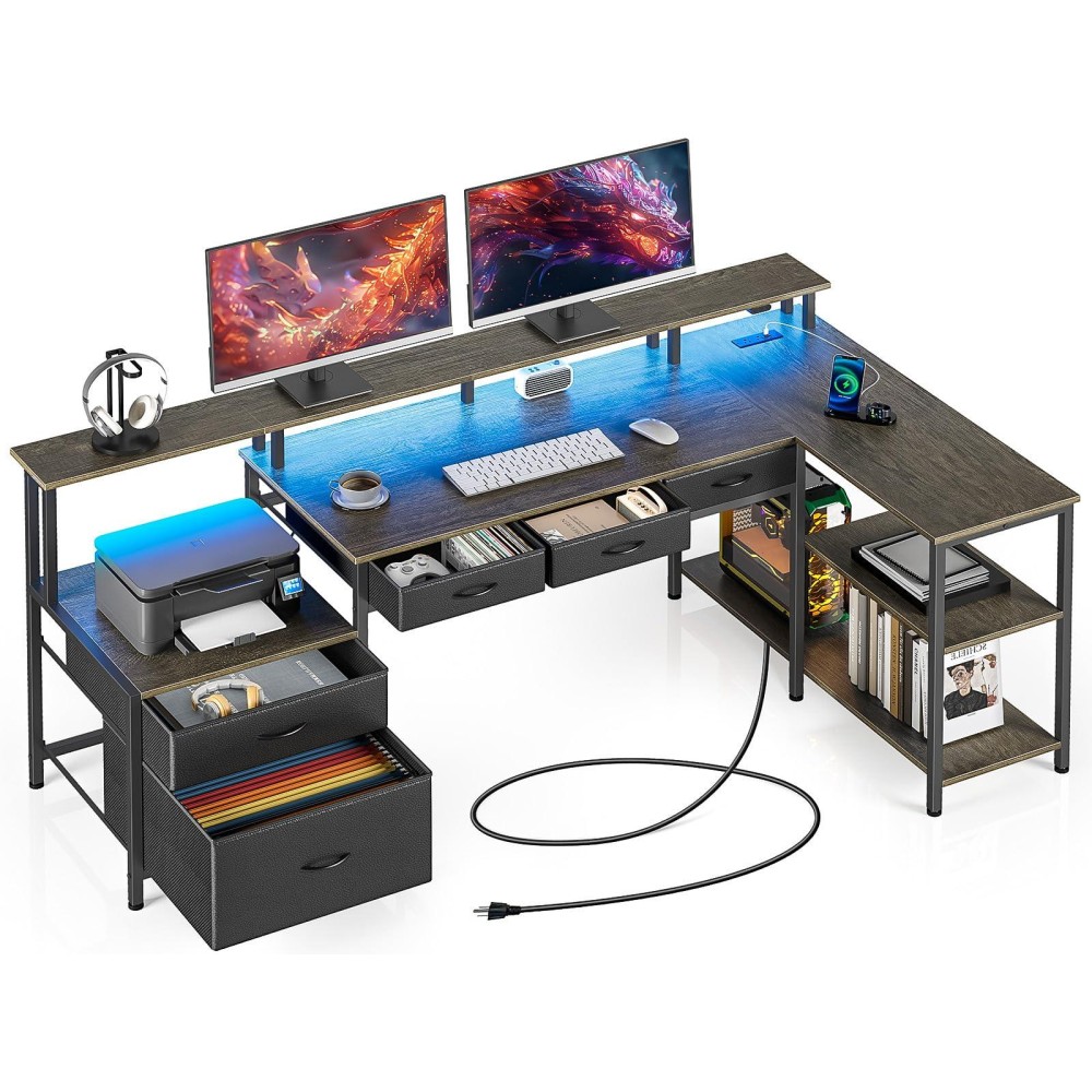 Seventable L Shaped Desk With File Drawers 64 Home Office Desk With Power Outlet Led Lights Reversible Gaming Desk With Pr