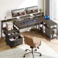 Seventable L Shaped Desk With File Drawers 64 Home Office Desk With Power Outlet Led Lights Reversible Gaming Desk With Pr