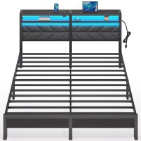 Seventable Bed Frame King Size With Charging Station Led Bed With Upholstered Storage Headboard Metal Platform Bed With Under