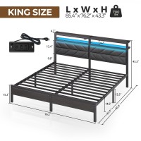 Seventable Bed Frame King Size With Charging Station Led Bed With Upholstered Storage Headboard Metal Platform Bed With Under