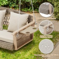 Homrest 3Person Wicker Porch Swing With 15 Upgraded Cup Holder 55In Patio Hanging Swing Bench Chair With Cushions 900Lbs Ca