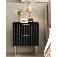 Sicotas Black Night Stand Set 2 Wide Fluted Nightstand With 2 Drawers Modern Glossy Storage Bedside Table For Bedroom End Sid