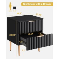 Sicotas Black Night Stand Set 2 Wide Fluted Nightstand With 2 Drawers Modern Glossy Storage Bedside Table For Bedroom End Sid