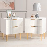 Sicotas White Night Stand Set 2 Wide Fluted Nightstand With 2 Drawers Modern Glossy Storage Bedside Table For Bedroom End Sid