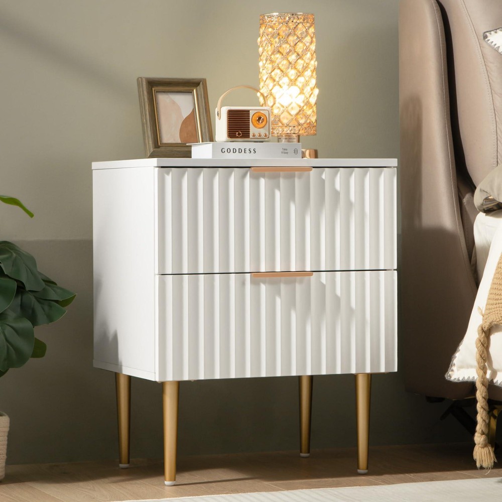 Sicotas White Night Stand Fluted Glossy Nightstand With 2 Drawers Wide Modern Storage Bedside Table For Bedroom End Side Tabl