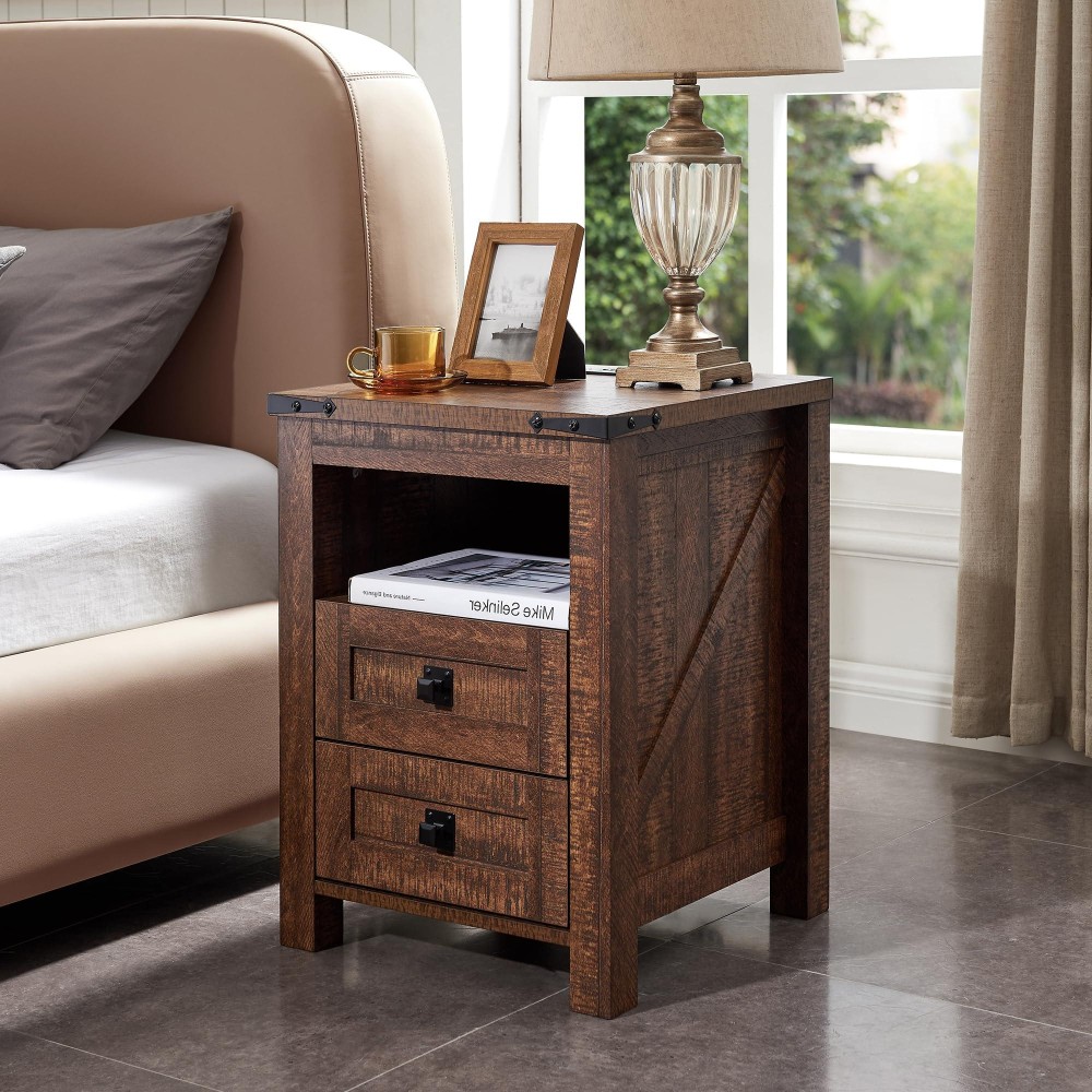 Redlemon Farmhouse Nightstand With Charging Station Rustic 18 Inch End Table With 2 Storage Drawers And Open Shelf Wood Sofa S