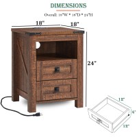 Redlemon Farmhouse Nightstand With Charging Station Rustic 18 Inch End Table With 2 Storage Drawers And Open Shelf Wood Sofa S