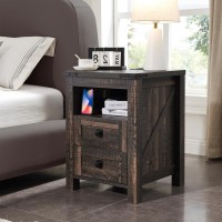 Redlemon Farmhouse Nightstand With Charging Station Rustic 18 Inch End Table With 2 Storage Drawers And Open Shelf Wood Sofa S