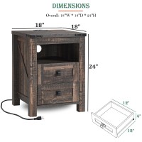 Redlemon Farmhouse Nightstand With Charging Station Rustic 18 Inch End Table With 2 Storage Drawers And Open Shelf Wood Sofa S