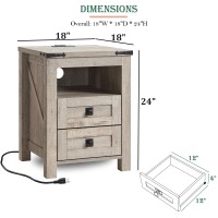 Redlemon Farmhouse Nightstand With Charging Station Rustic 18 Inch End Table With 2 Storage Drawers And Open Shelf Wood Sofa S