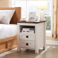 Redlemon Farmhouse Nightstand With Charging Station Rustic 18 Inch End Table With 2 Storage Drawers And Open Shelf Wood Sofa S