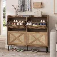 Maupvit Shoe Storage Cabinet With 4 Rattan Flip Drawers Freestanding Organizer With Wooden Legs For Entryway Narrow Shoe Rack