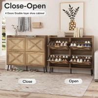 Maupvit Shoe Storage Cabinet With 4 Rattan Flip Drawers Freestanding Organizer With Wooden Legs For Entryway Narrow Shoe Rack