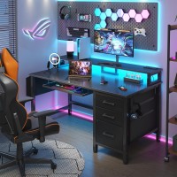 Lufeiya Gaming Desk With Led Lights And Power Outlets 47 Inch Home Office Desks With Keyboard Tray Computer Desk With File Dra