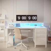 Lufeiya White Computer Desk With File Drawers Cabinet 47 Inch Home Office Desks With Keyboard Tray Gaming Desk With Led Lights