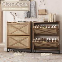 Maupvit Shoe Storage Cabinet With 2 Rattan Flip Drawers Freestanding Organizer With Metal Legs For Entryway Narrow Shoe Rack C