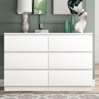 Vibe Dine White Dresser 6 Drawer Modern Double Dresser For Bedroom Wood Chest Of Drawers With Wide Storage For Living Room