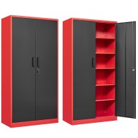 Garage Storage Cabinet With 5 Adjustable Shelves Metal Storage Cabinet With Lock Red Black Metal Cabinet With Locking Doors Stee