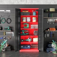 Garage Storage Cabinet With 5 Adjustable Shelves Metal Storage Cabinet With Lock Red Black Metal Cabinet With Locking Doors Stee